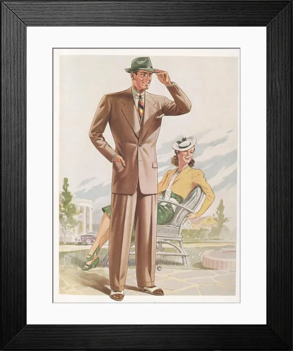 Framed Print : 1940s suit fashion design illustration Framed Print : 1940s suit fashion design illustration