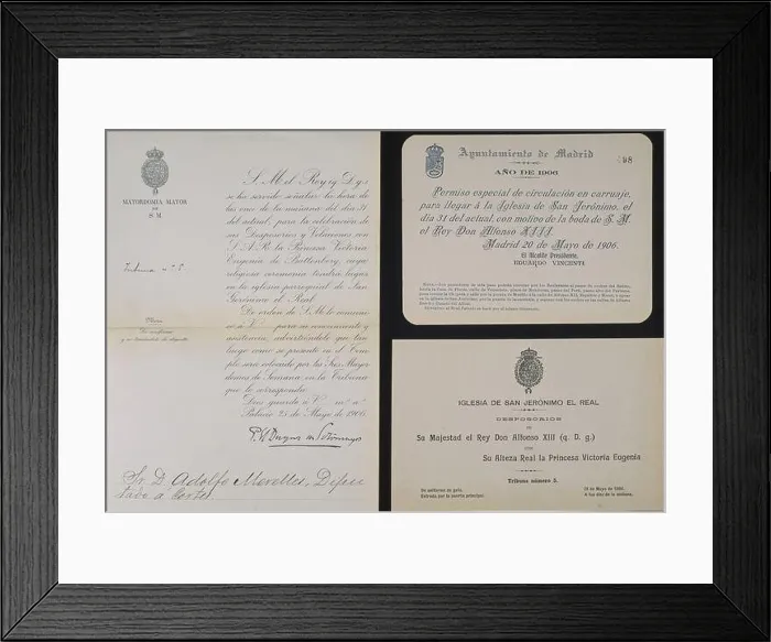 Framed Print : INVITACION, PASE DE TRIBUNA Y PERMISO DE CIRCULACION PARA LA BODA DE ALFONSO XIII Y VICTORIA EUGENIA - 1906 Framed Print : INVITACION, PASE DE TRIBUNA Y PERMISO DE CIRCULACION PARA LA BODA DE ALFONSO XIII Y VICTORIA EUGENIA - 1906