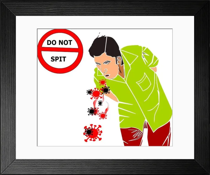 Framed Print : A man is spitting coronavirus germs on road for Vector for education people for hygiene with do not spit warning board