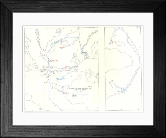 Framed Print : NAVAL: Track of Admiral Scheer, Hipper, Scharnhorst & Gneisenau, 1941, 1954 map Framed Print : NAVAL: Track of Admiral Scheer, Hipper, Scharnhorst & Gneisenau, 1941, 1954 map