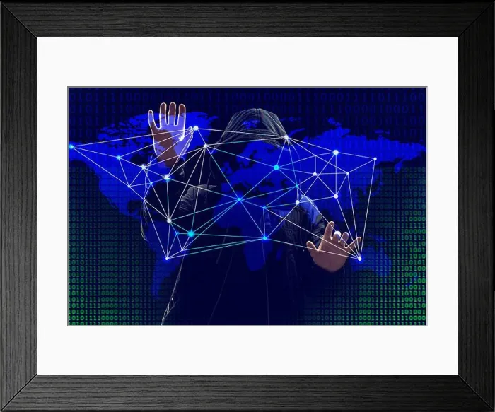 Framed Print : Hacker working with world map on virtual screen against dark background. Threat of global cyber attack Framed Print : Hacker working with world map on virtual screen against dark background. Threat of global cyber attack