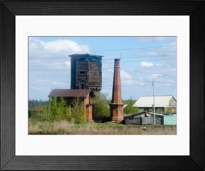 Framed Print : Wooden water tower and brick chimney beside Trans Siberian Railway, village near Barabinsk, Siberia, Russia Framed Print : Wooden water tower and brick chimney beside Trans Siberian Railway, village near Barabinsk, Siberia, Russia