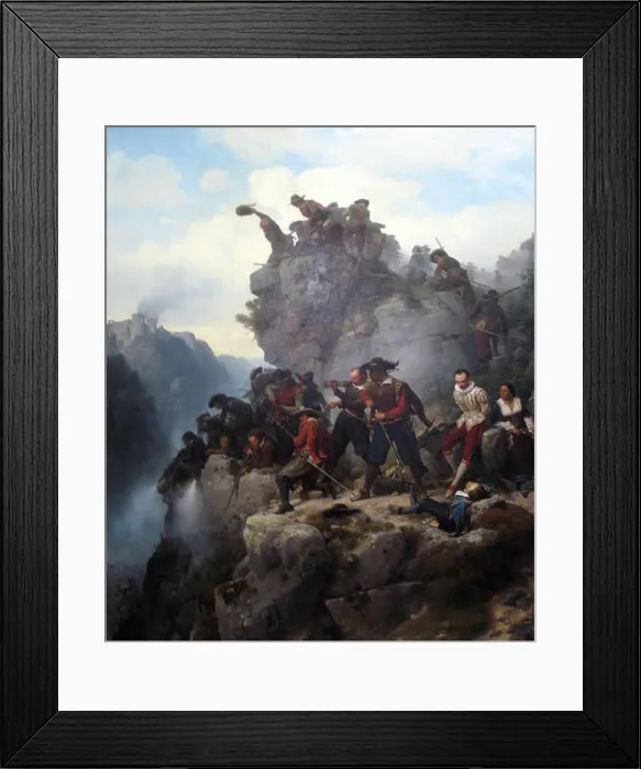 Framed Print : The 1851 painting Schuetzen am Engpass by Lessing depicts a dramatic scene of sharpshooters in a tight passageway Framed Print : The 1851 painting Schuetzen am Engpass by Lessing depicts a dramatic scene of sharpshooters in a tight passageway