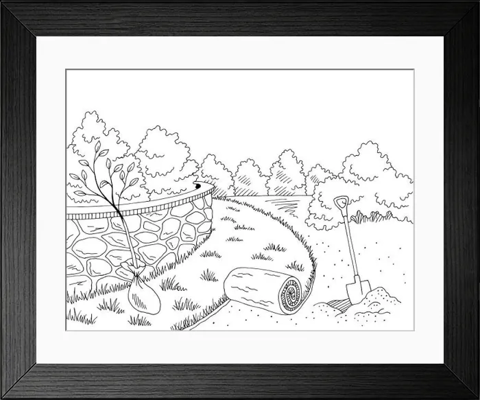 Framed Print : Garden construction graphic black white landscape sketch illustration vector Framed Print : Garden construction graphic black white landscape sketch illustration vector
