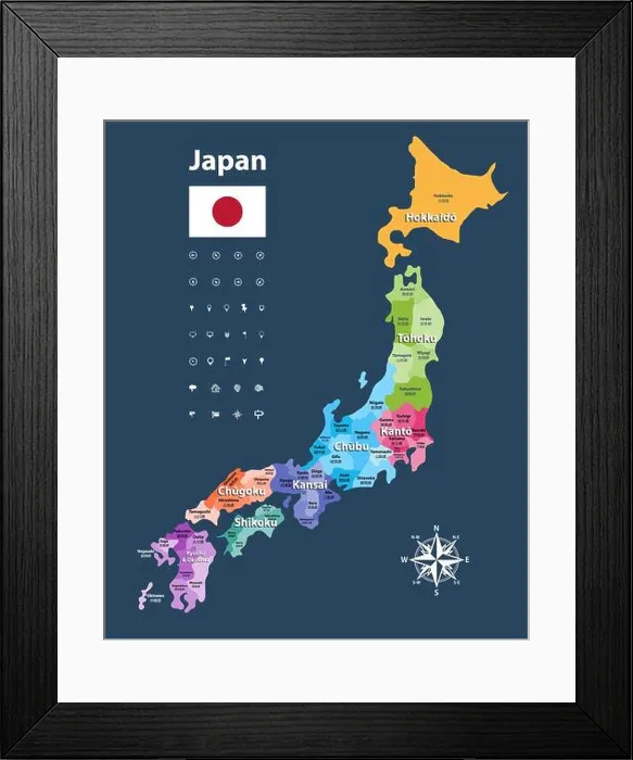Framed Print : vector illustration of Japanese flag and prefectures map colored by regions Framed Print : vector illustration of Japanese flag and prefectures map colored by regions