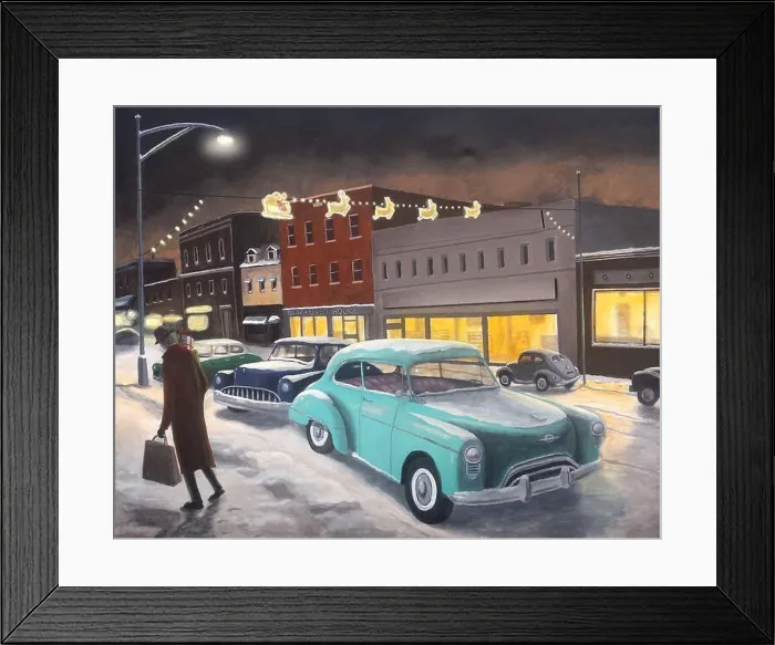 Framed Print : Retro 1950s scene of a man shopping late on Christmas Eve in a small North American town