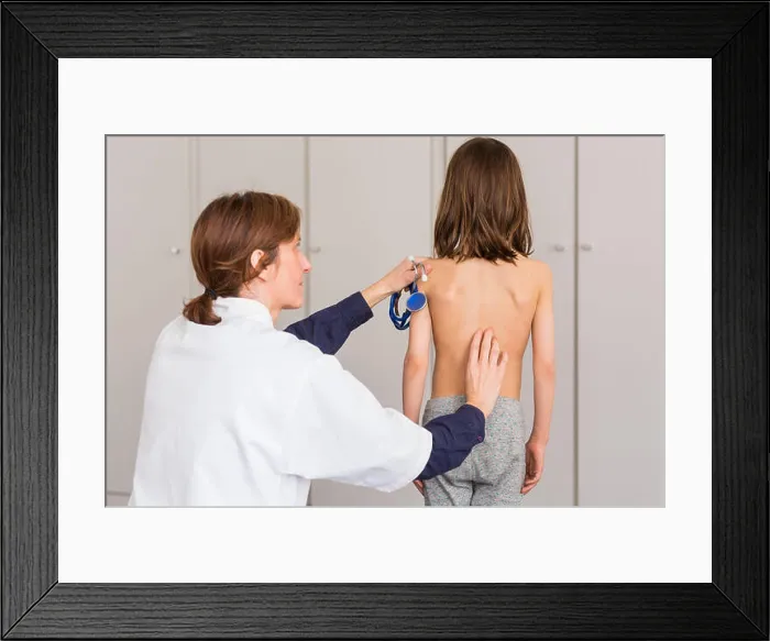 Framed Print : Doctor examining back of 7 year old girl Framed Print : Doctor examining back of 7 year old girl