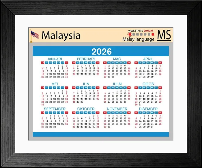 Framed Print : Malaysia horizontal Pocket calendars for 2026 (Two thousand twenty six) Framed Print : Malaysia horizontal Pocket calendars for 2026 (Two thousand twenty six)