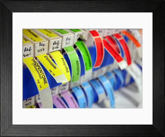 Framed Print : drug information stickers in anaesthetic room in hospital theatre area Framed Print : drug information stickers in anaesthetic room in hospital theatre area