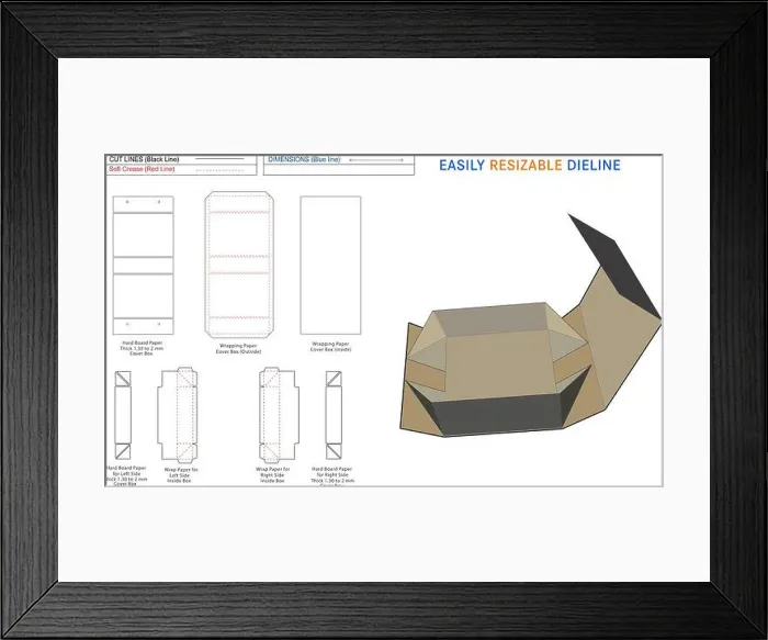 Framed Print : Collapsible or foldable rigid box die line and 3D box editable easily resizeable die line Framed Print : Collapsible or foldable rigid box die line and 3D box editable easily resizeable die line