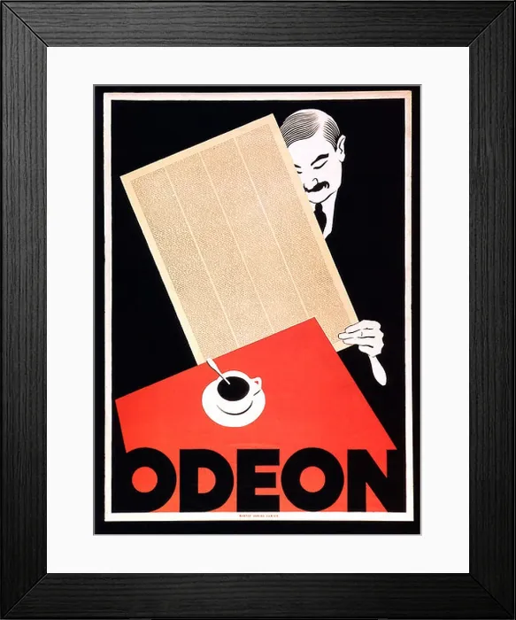 Framed Print : Cafe Odeon, Zurich, 1920, Art Deco Poster for the Swiss cafe, an habitue drinks his coffee while reading the newspaper Framed Print : Cafe Odeon, Zurich, 1920, Art Deco Poster for the Swiss cafe, an habitue drinks his coffee while reading the newspaper