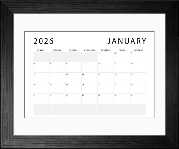 Framed Print : January 2026 calendar. Monthly planner template. Sunday start. Vector design Framed Print : January 2026 calendar. Monthly planner template. Sunday start. Vector design