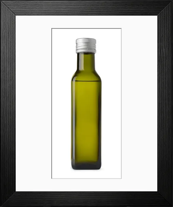 Framed Print : Front view of virgin olive oil bottle isolated on a white Framed Print : Front view of virgin olive oil bottle isolated on a white