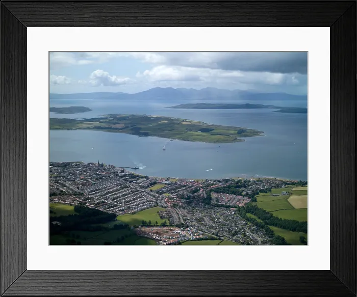 Framed Print : Largs and Little Cumbrae Island, in the Clyde Estuary, from the air, Western Scotland, Arran in the Distance Framed Print : Largs and Little Cumbrae Island, in the Clyde Estuary, from the air, Western Scotland, Arran in the Distance
