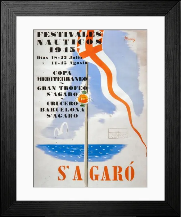 Framed Print : Cartel publicitario de Enric Moneny i Noguera, S'Agaró, Copa Mediterráneo, 11-15 agosto, 1945. Colección privada