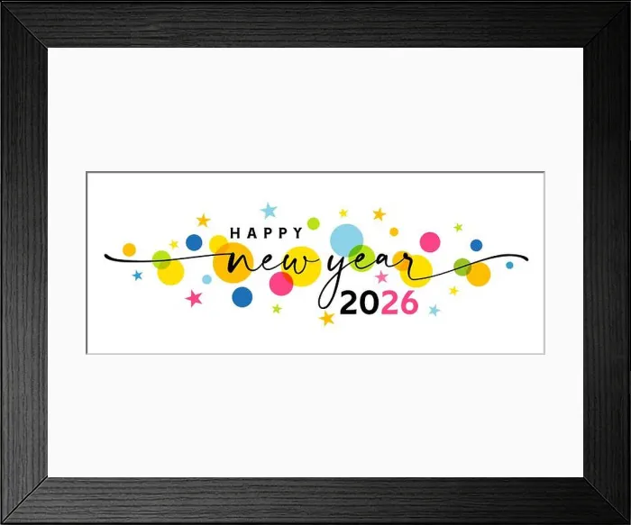 Framed Print : Happy new year 2026 greetings banner with swirl ribbon and colored stars Framed Print : Happy new year 2026 greetings banner with swirl ribbon and colored stars