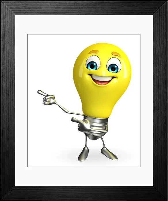 Framed Print : Cartoon Character of light bulb with pointing pose Framed Print : Cartoon Character of light bulb with pointing pose