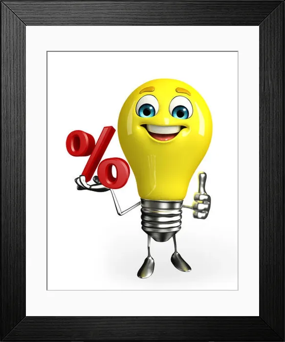 Framed Print : Cartoon Character of light bulb with percent sign Framed Print : Cartoon Character of light bulb with percent sign