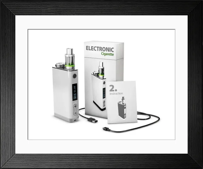 Framed Print : Vape Pen with box and charge cable. Electronic Cigarette, 3d Illustration isolated white Framed Print : Vape Pen with box and charge cable. Electronic Cigarette, 3d Illustration isolated white