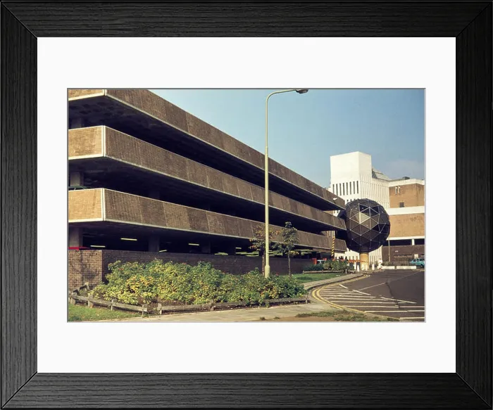 Framed Print : Archive image of Westgate multi-story car park and 'Golf Ball' CCTV camera housing, Oxford, 1978, demolished 2015