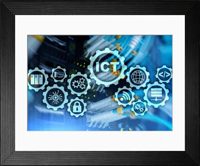 Framed Print : ICT. Information and communications technology on modern server room background. Virtual screen Framed Print : ICT. Information and communications technology on modern server room background. Virtual screen