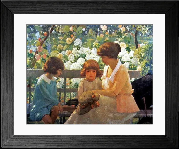 Framed Print : The Garden Bench (1920) by Rae Sloan Bredin depicts a young woman seated on a bench in a garden Framed Print : The Garden Bench (1920) by Rae Sloan Bredin depicts a young woman seated on a bench in a garden