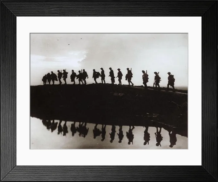 Framed Print : Soldiers walking up to the front in WW1 - they are silhouetted and reflected in a puddle of water Framed Print : Soldiers walking up to the front in WW1 - they are silhouetted and reflected in a puddle of water
