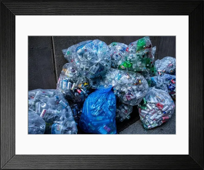 Framed Print : Bags of recycle cans and bottles on the streets on Friday, May 1, 2020. (Photo: Gordon Donovan) Framed Print : Bags of recycle cans and bottles on the streets on Friday, May 1, 2020. (Photo: Gordon Donovan)