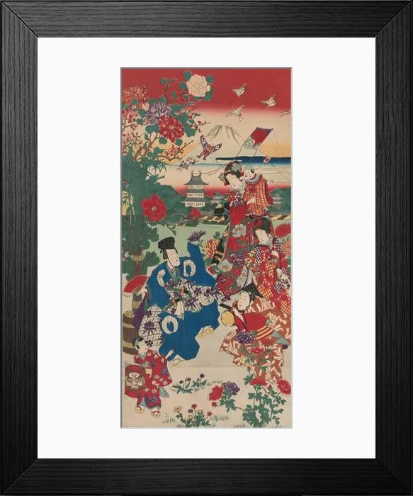 Framed Print : Two Manzai Dancers and Kite Flying Women and Children at the New Year Framed Print : Two Manzai Dancers and Kite Flying Women and Children at the New Year