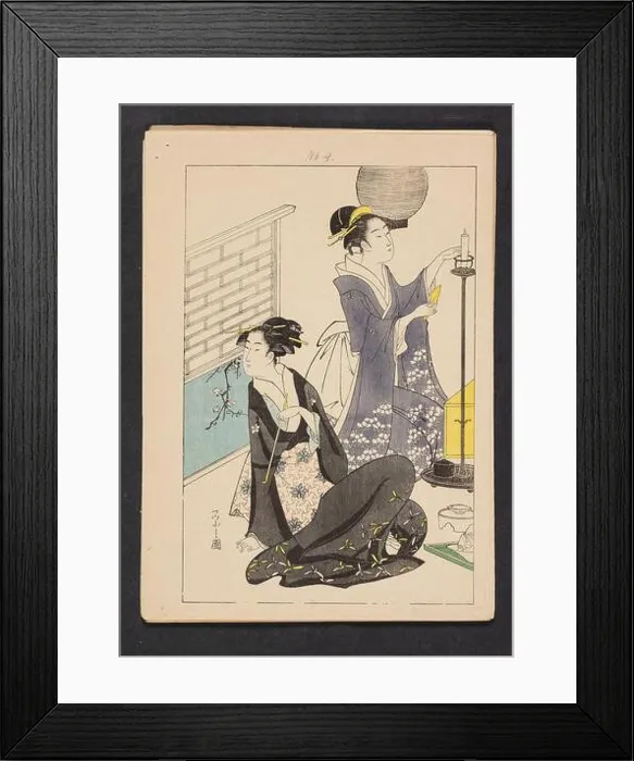 Framed Print : A collotype print depicting a geisha preparing entertainment using multicolored contour sticks and dark gray Framed Print : A collotype print depicting a geisha preparing entertainment using multicolored contour sticks and dark gray