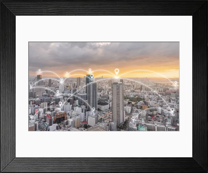 Framed Print : Network connection technology in the city. Map pin GPS navigation technology in the city at sunset Framed Print : Network connection technology in the city. Map pin GPS navigation technology in the city at sunset