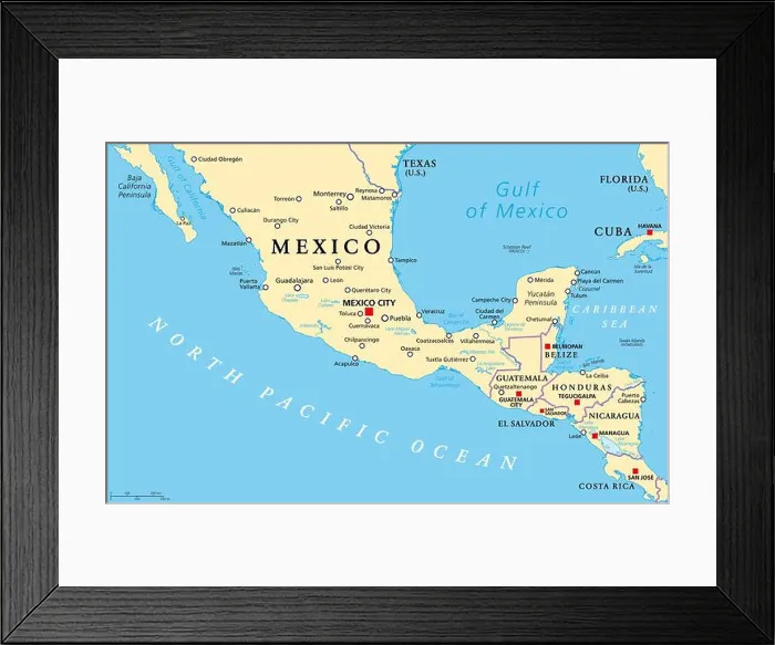 Framed Print : Mesoamerica, political map. Historical region and cultural area in southern North America and most of Central America Framed Print : Mesoamerica, political map. Historical region and cultural area in southern North America and most of Central America