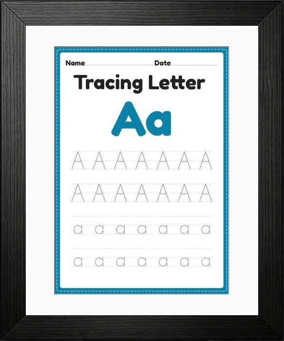 Framed Print : Tracing letter a alphabet worksheet for kindergarten and preschool kids for handwriting practice Framed Print : Tracing letter a alphabet worksheet for kindergarten and preschool kids for handwriting practice