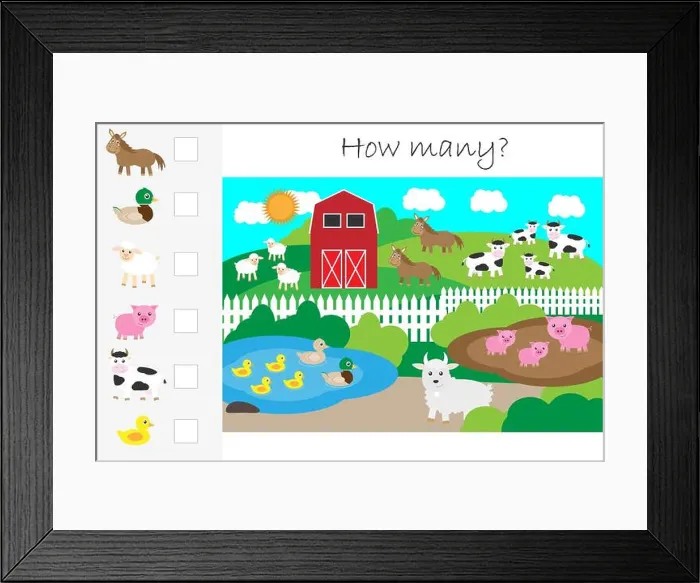 Framed Print : How many counting game, farm with animals for kids Framed Print : How many counting game, farm with animals for kids