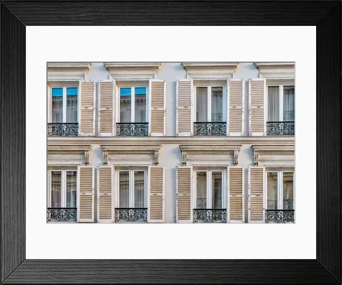 Framed Print : Close-up view of traditional French windows with open wooden shutters Framed Print : Close-up view of traditional French windows with open wooden shutters