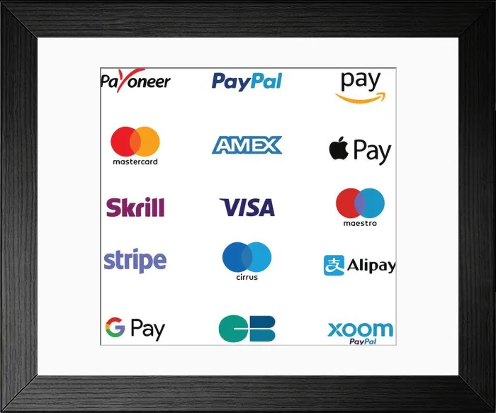 Framed Print : Online payment methods icon logo. E-commerce payment button. Vector. International payment service company Framed Print : Online payment methods icon logo. E-commerce payment button. Vector. International payment service company