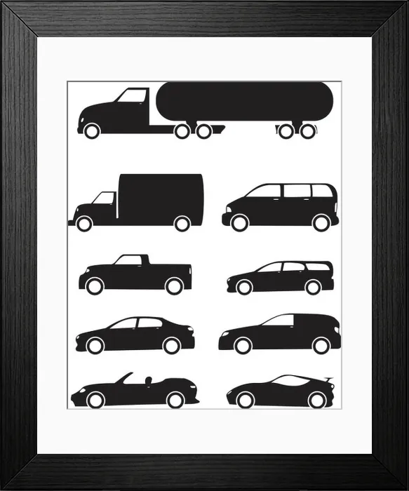 Framed Print : Isolated black Vehicles icons set on white background Framed Print : Isolated black Vehicles icons set on white background
