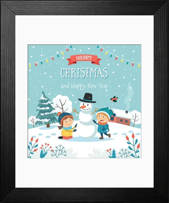 Framed Print : Merry christmas greeting card with children making snowman and text. Cute vector illustration in flat style Framed Print : Merry christmas greeting card with children making snowman and text. Cute vector illustration in flat style