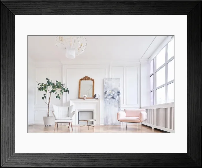 Framed Print : Interior design of the house with an elegant living room and a comfortable sofa Framed Print : Interior design of the house with an elegant living room and a comfortable sofa