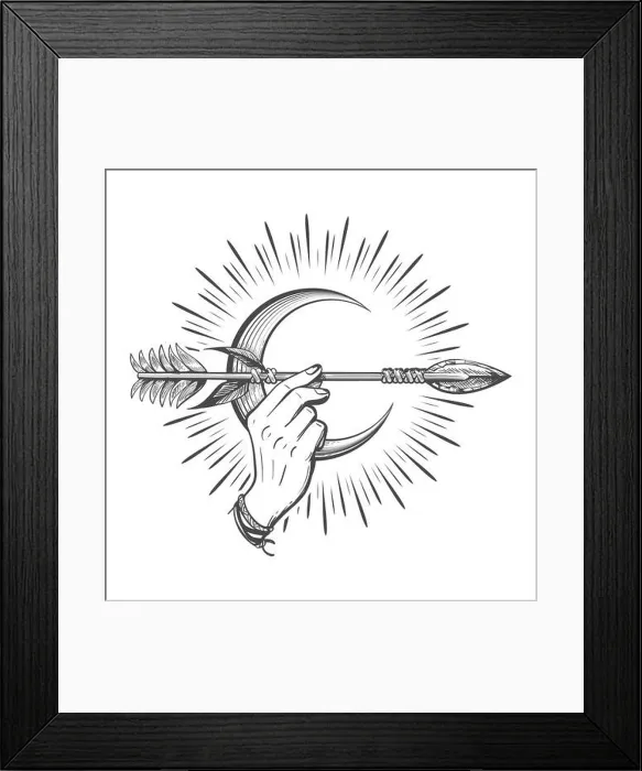 Framed Print : Human Hand Holds Indian Arrow Against Crescent Moon. Mystical Symbol. Vector tattoo Framed Print : Human Hand Holds Indian Arrow Against Crescent Moon. Mystical Symbol. Vector tattoo