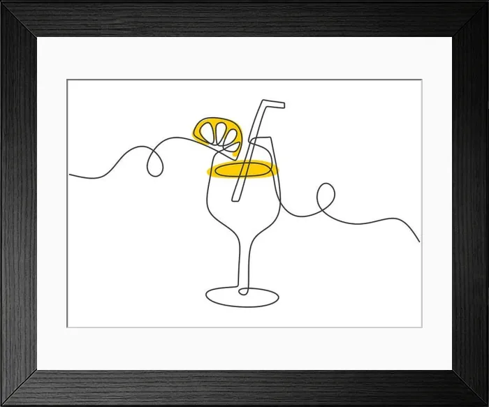 Framed Print : One continuous line drawing a glass of fresh delicious lemonade ice with sliced lemon for restaurant menu Framed Print : One continuous line drawing a glass of fresh delicious lemonade ice with sliced lemon for restaurant menu