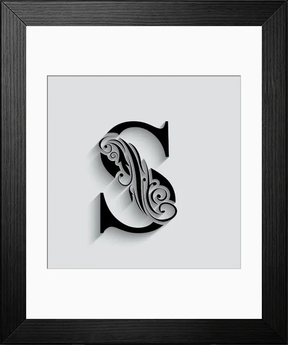 Framed Print : letter S. Black flower alphabet. Beautiful capital letter with shadow Framed Print : letter S. Black flower alphabet. Beautiful capital letter with shadow