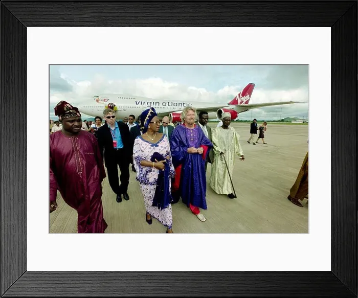 Framed Print : Virgin airlines boss Sir Richard Branson arriving at Lagos Airport in Nigeria on their inaugural flight in 1999 Framed Print : Virgin airlines boss Sir Richard Branson arriving at Lagos Airport in Nigeria on their inaugural flight in 1999