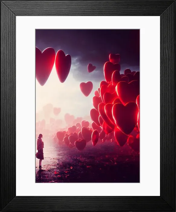 Framed Print : Futuristic Valentine's Day concept with red flying hearts, 3D illustration Framed Print : Futuristic Valentine's Day concept with red flying hearts, 3D illustration