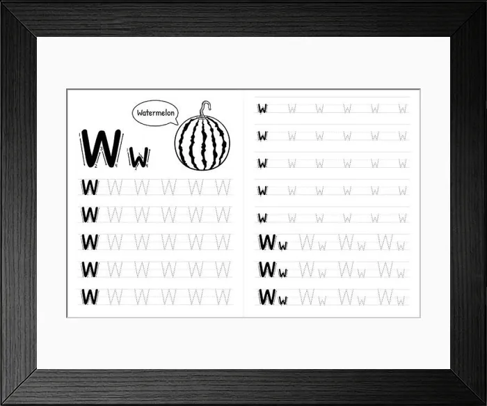 Framed Print : ABC Alphabets Tracing Book Interior For Kids. Children Writing Worksheet With Picture. Premium Vector Elements Letter W Framed Print : ABC Alphabets Tracing Book Interior For Kids. Children Writing Worksheet With Picture. Premium Vector Elements Letter W