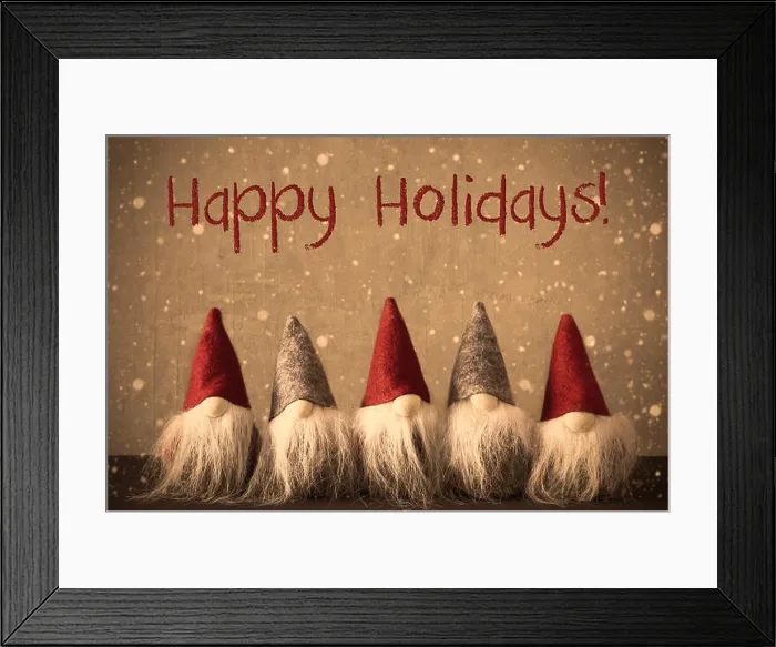 Framed Print : Gnomes, Snowflakes, Text Happy Holidays Framed Print : Gnomes, Snowflakes, Text Happy Holidays