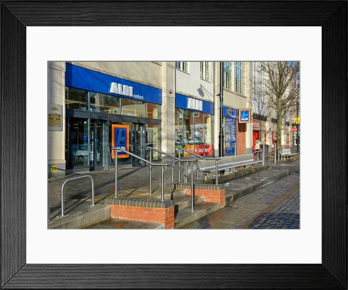 Framed Print : Aldi supermarket town centre store in Market Place Romford London England UK Framed Print : Aldi supermarket town centre store in Market Place Romford London England UK
