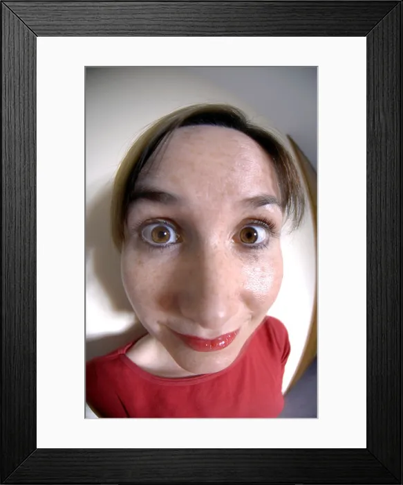 Framed Print : emotion goofy face eyes wideangle fisheye lens woman portrait Framed Print : emotion goofy face eyes wideangle fisheye lens woman portrait