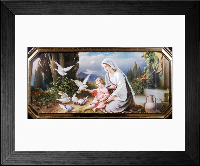 Framed Print : Mary with baby Jesus and doves, print, around 1900, in private hands Framed Print : Mary with baby Jesus and doves, print, around 1900, in private hands