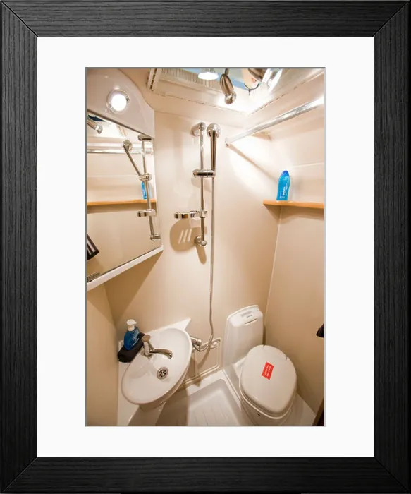 Framed Print : A caravan bathroom interior at the Caravan and motor home show at Event City in Manchester, UK Framed Print : A caravan bathroom interior at the Caravan and motor home show at Event City in Manchester, UK